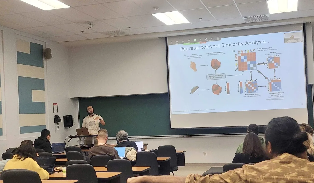Hamza teaching beside representational similarity analysis slides in a classroom.