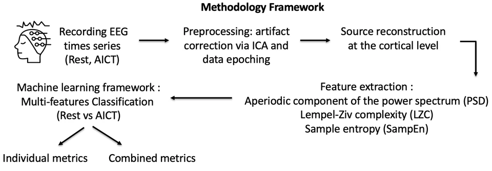 Methodology diagram from EEG recording through preprocessing, source reconstruction, aperiodic and complexity feature extraction, and classification.